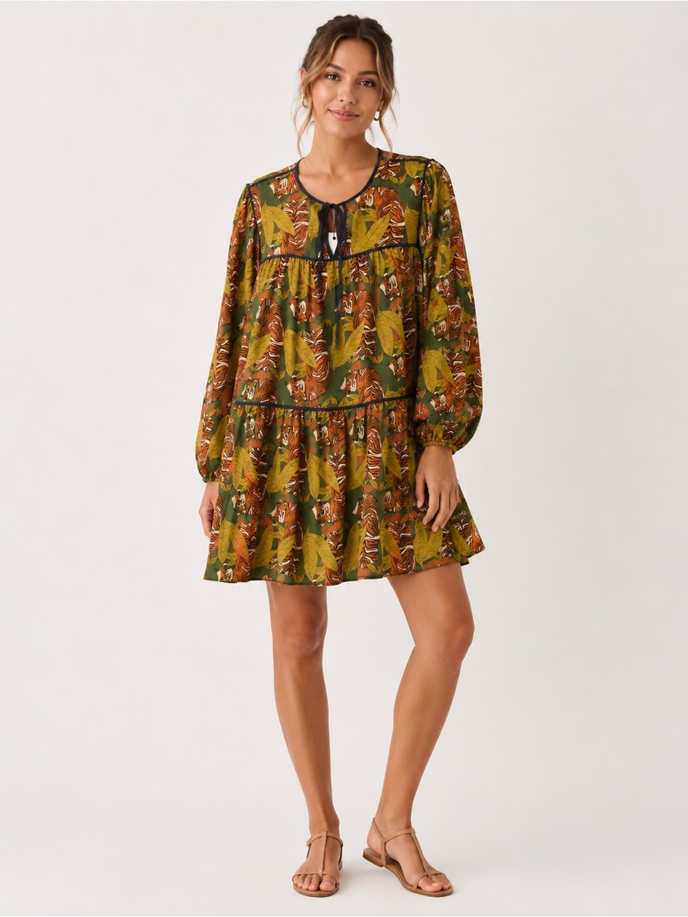 Bohemian Tiger 🐅 Print Long Sleeve Mini Dress - Green